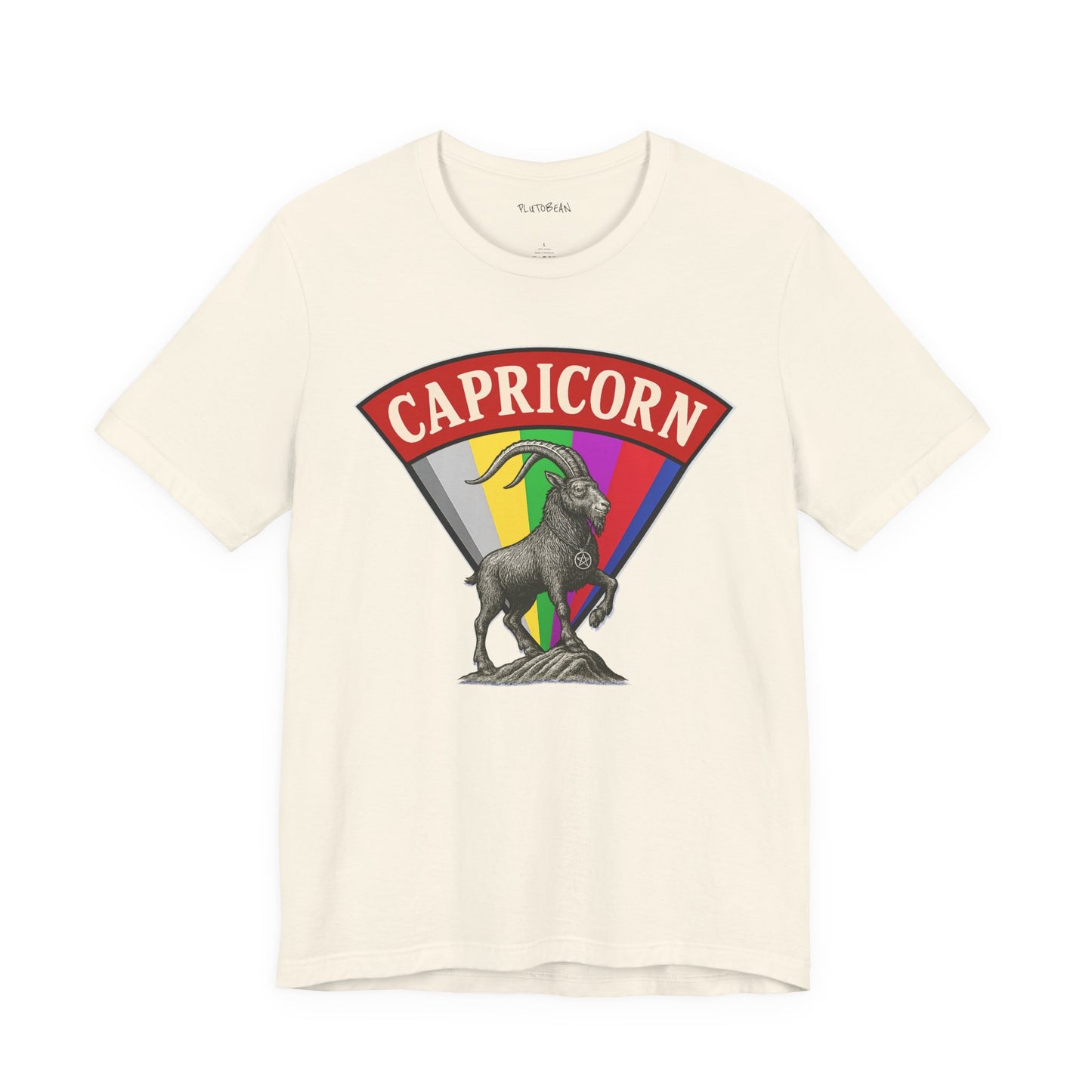 Beige t-shirt with Capricorn zodiac sign graphic on a white background