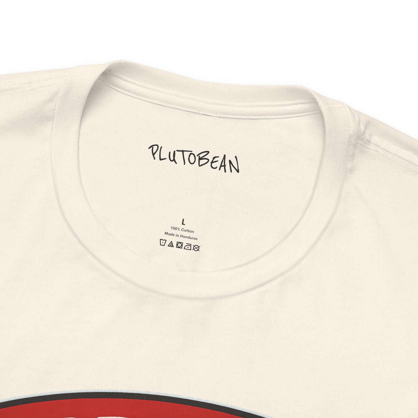 Close-up of a white t-shirt with 'PLUTOBEAN' branding on the neckline.