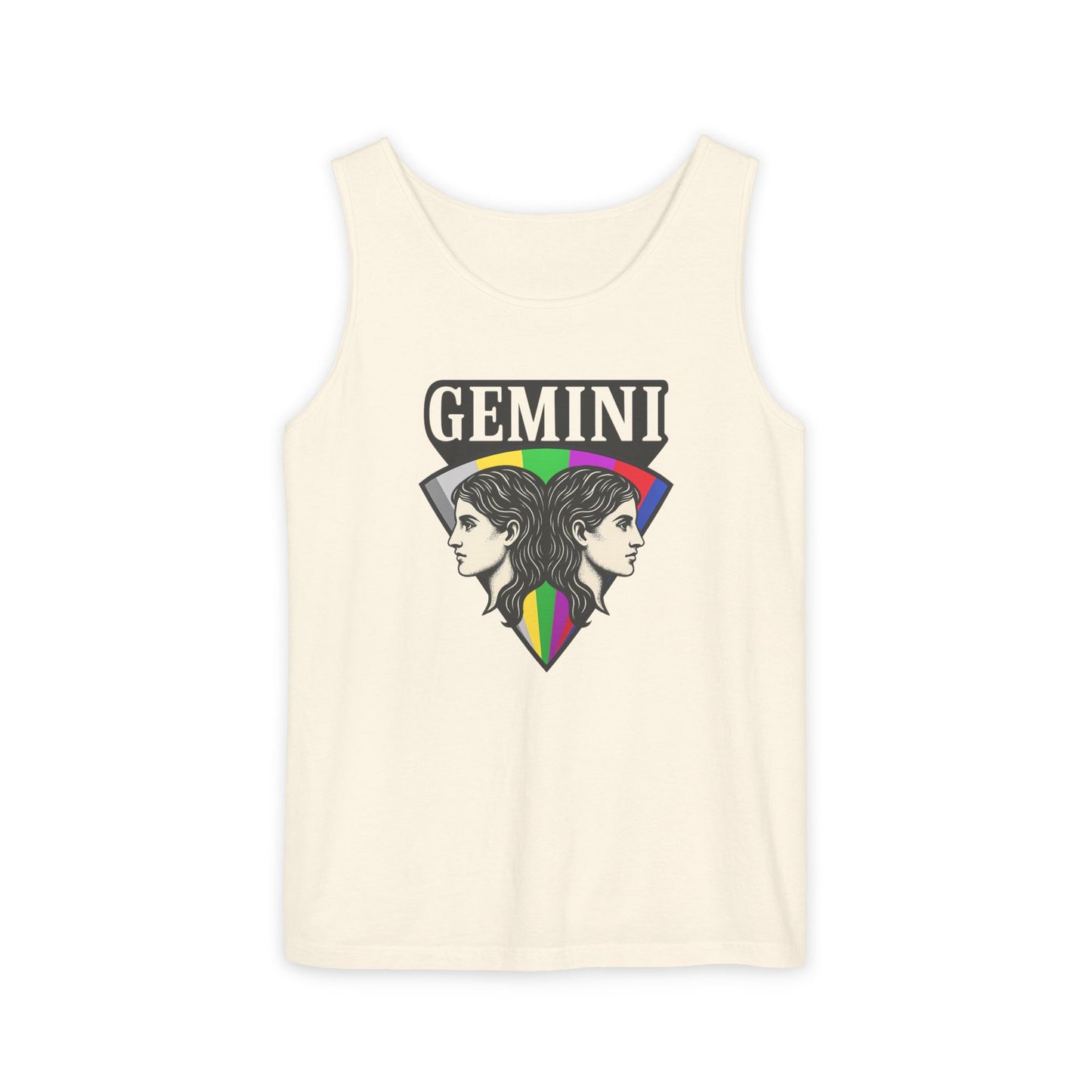 Beige tank top with Gemini design featuring two profiles and a rainbow triangle on a white background