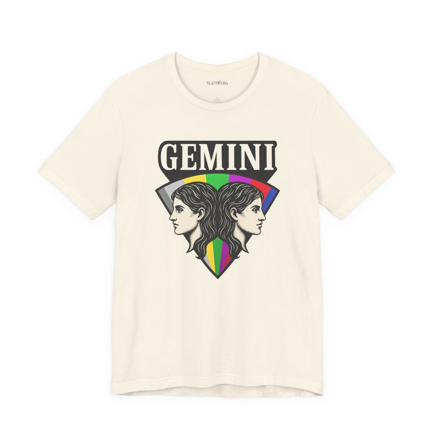 Beige t-shirt with Gemini zodiac design on a white background
