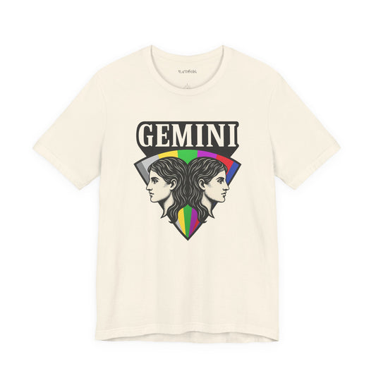 Beige t-shirt with Gemini zodiac design on a white background