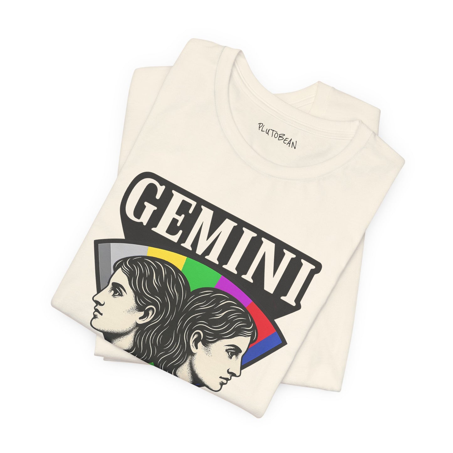 Folded t-shirt with 'Gemini' design and PlutoBean branding on a white background