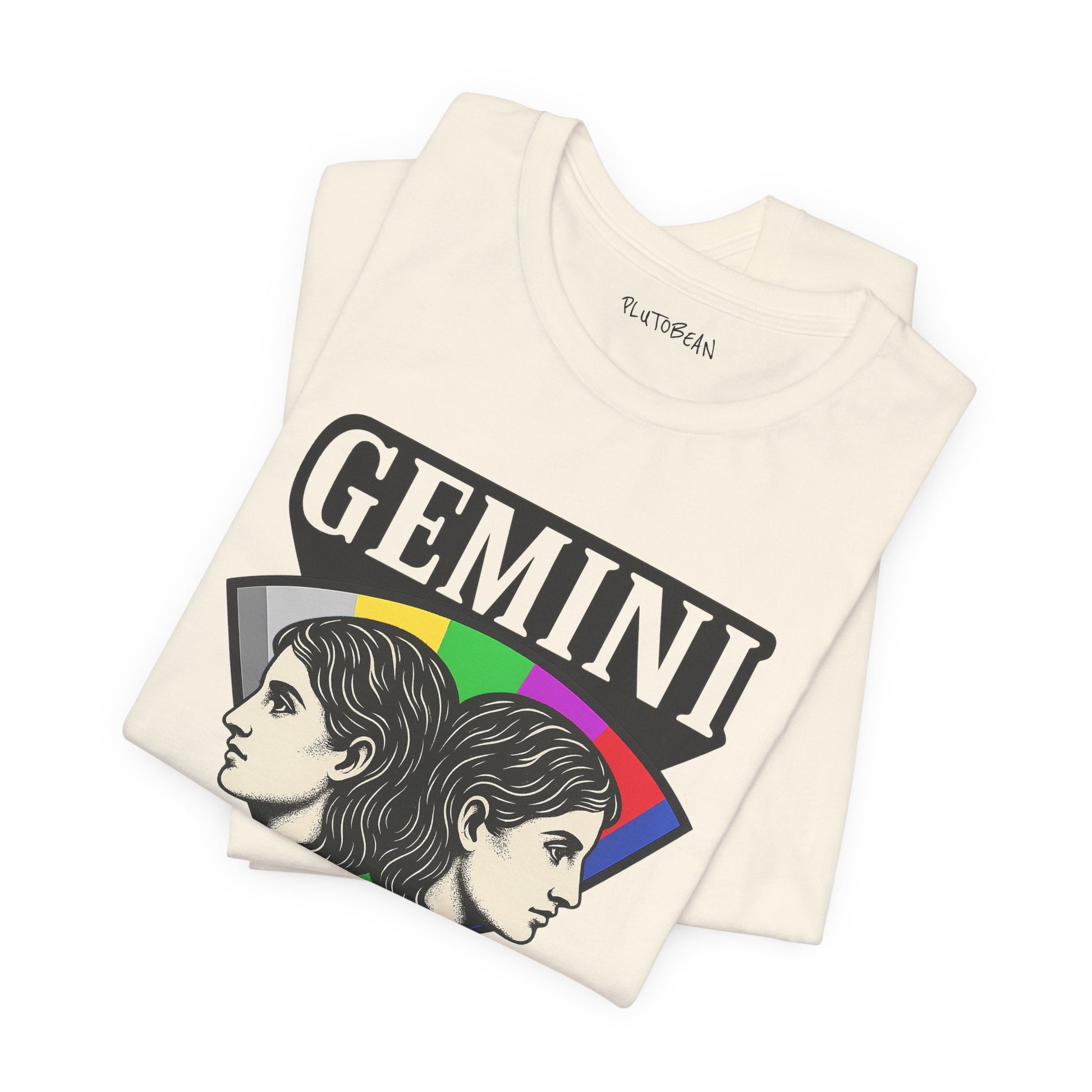 Folded t-shirt with 'Gemini' design and PlutoBean branding on a white background