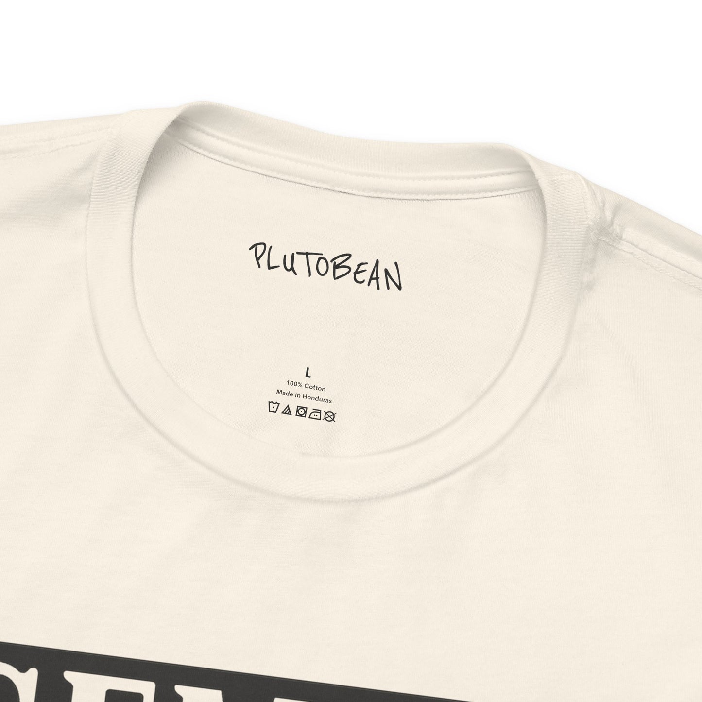 Close-up of a white t-shirt with 'PLUTOBEAN' branding on the neckline.