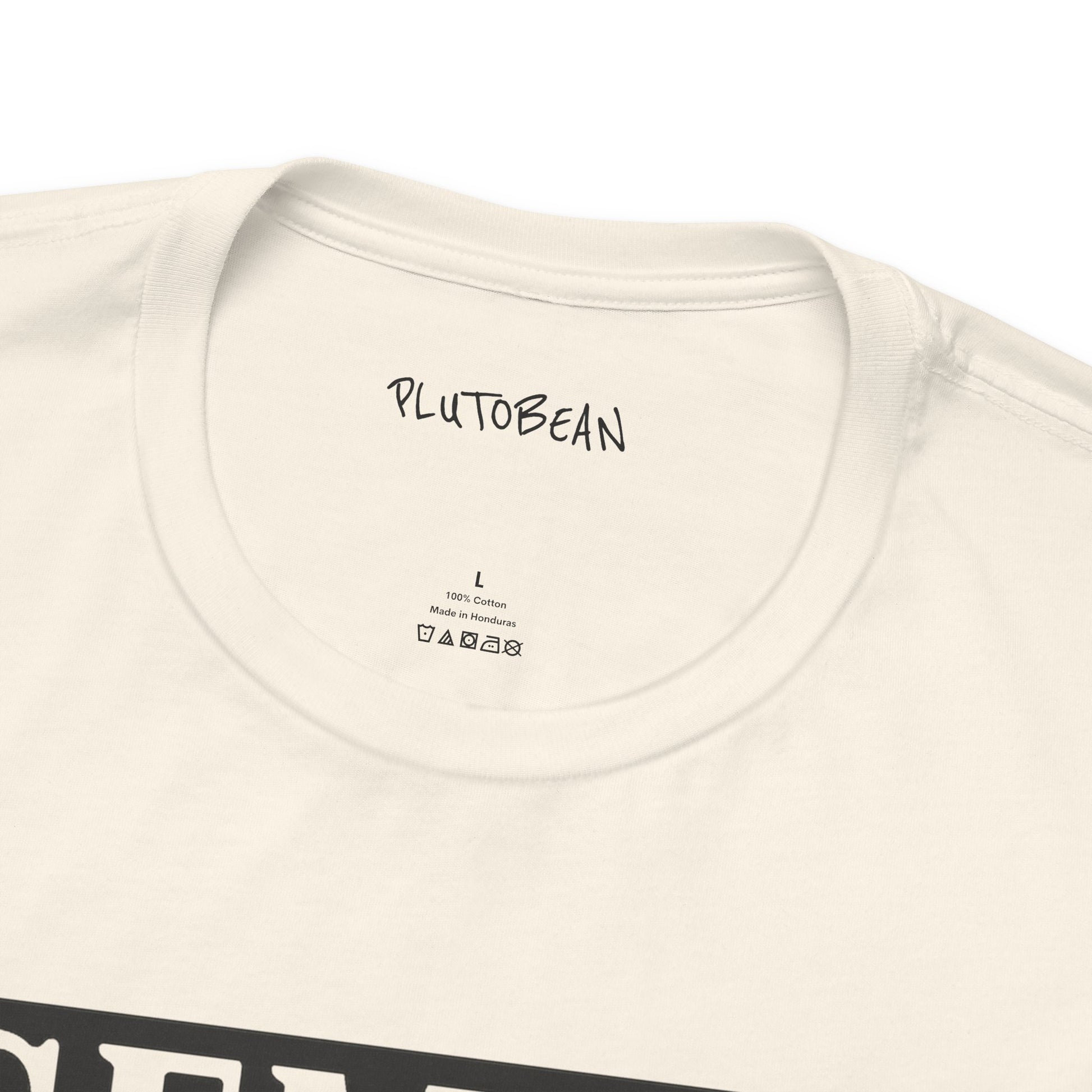 Close-up of a white t-shirt with 'PLUTOBEAN' branding on the neckline.