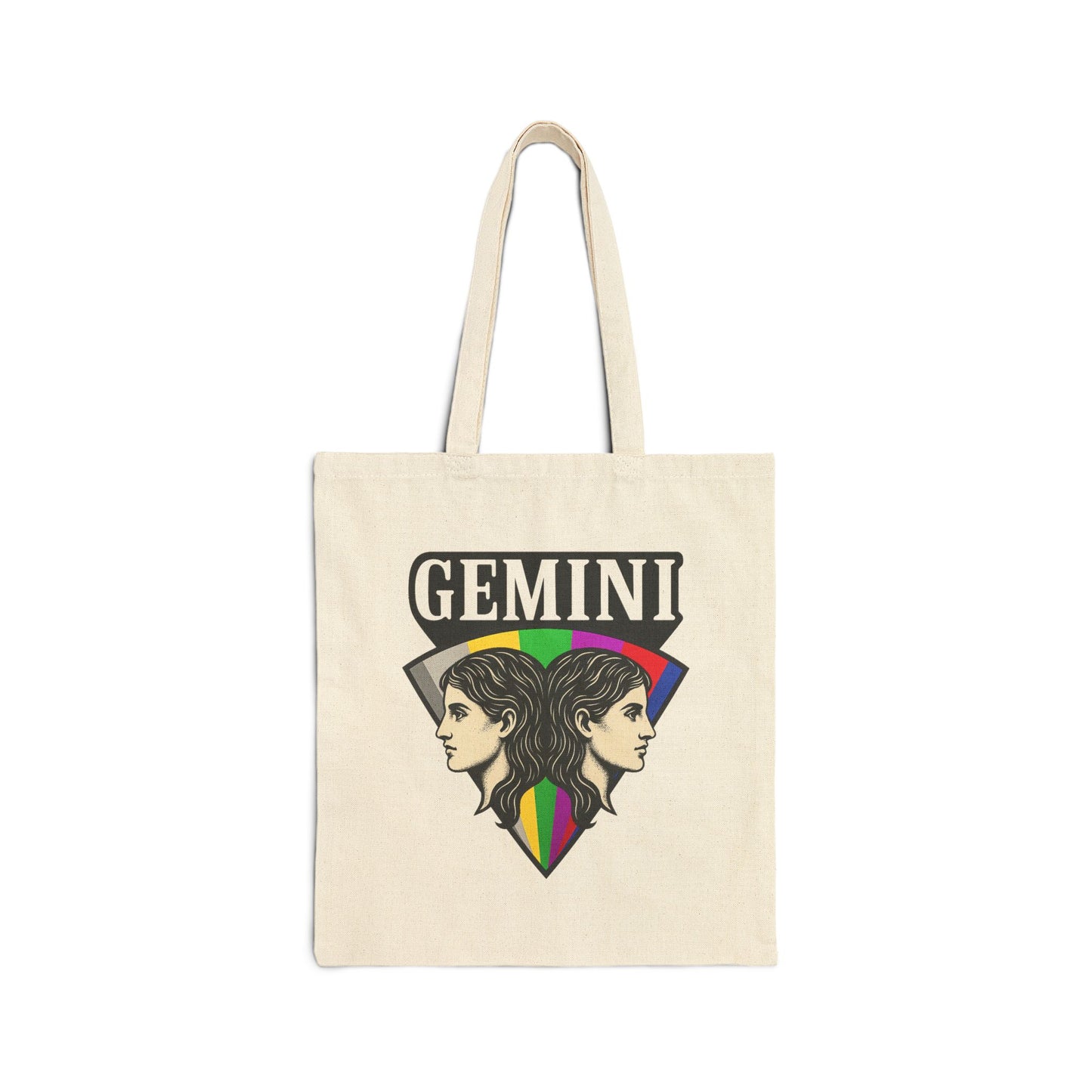 Tote bag with Gemini design featuring two women's faces and a rainbow triangle on a white background