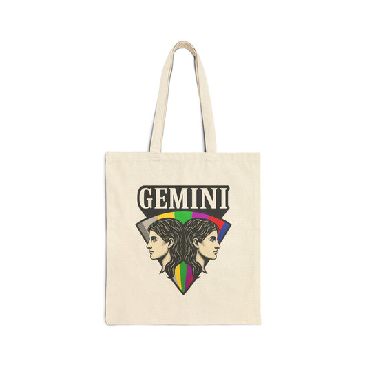 Tote bag with Gemini design featuring two women's faces and a rainbow triangle on a white background