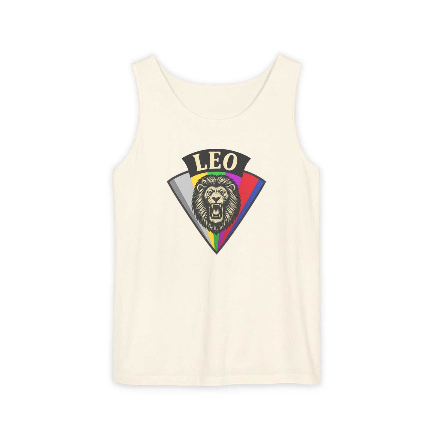 Beige tank top with Leo zodiac sign design on a white background