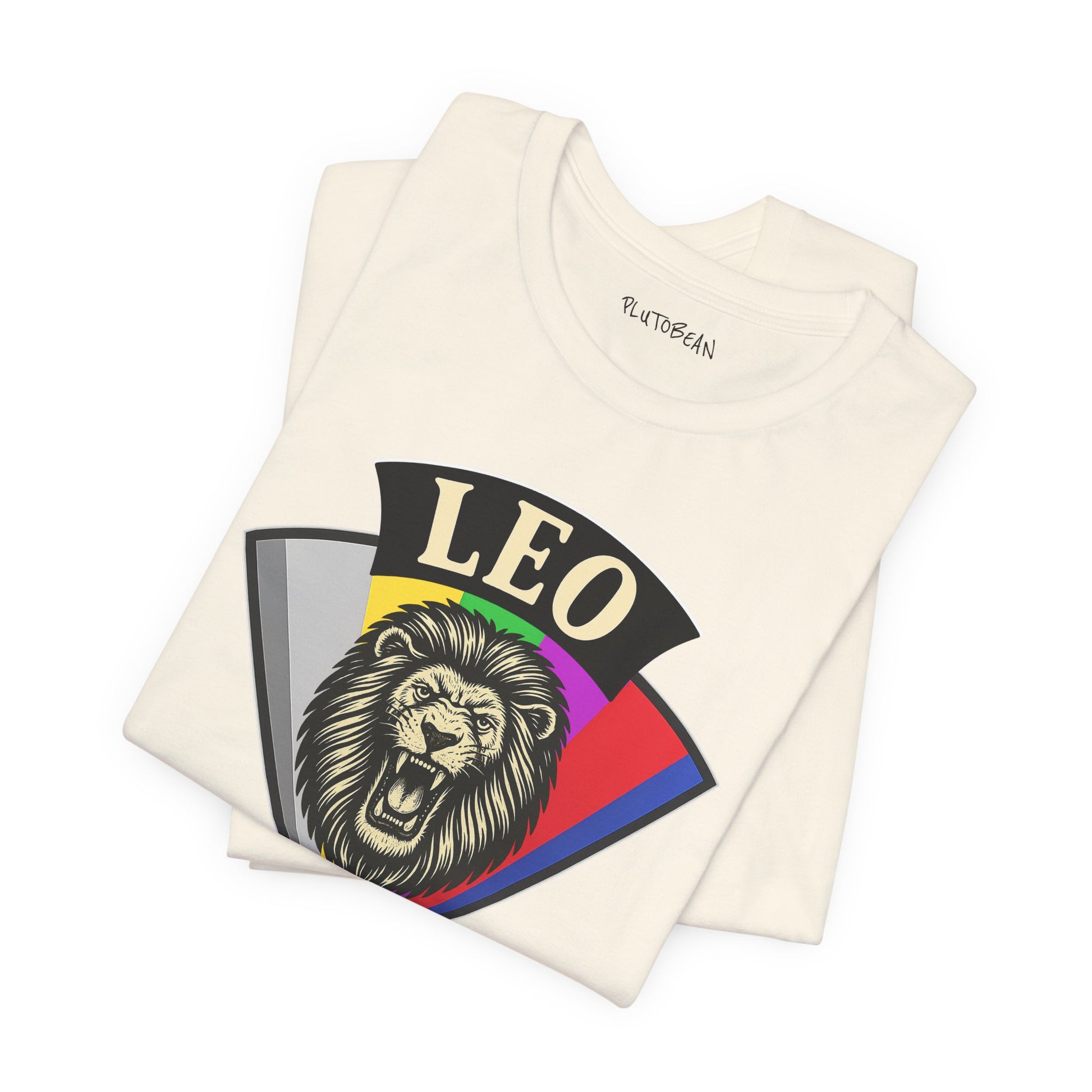 Folded white tank top with 'LEO' design featuring a lion and rainbow colors on a white background.