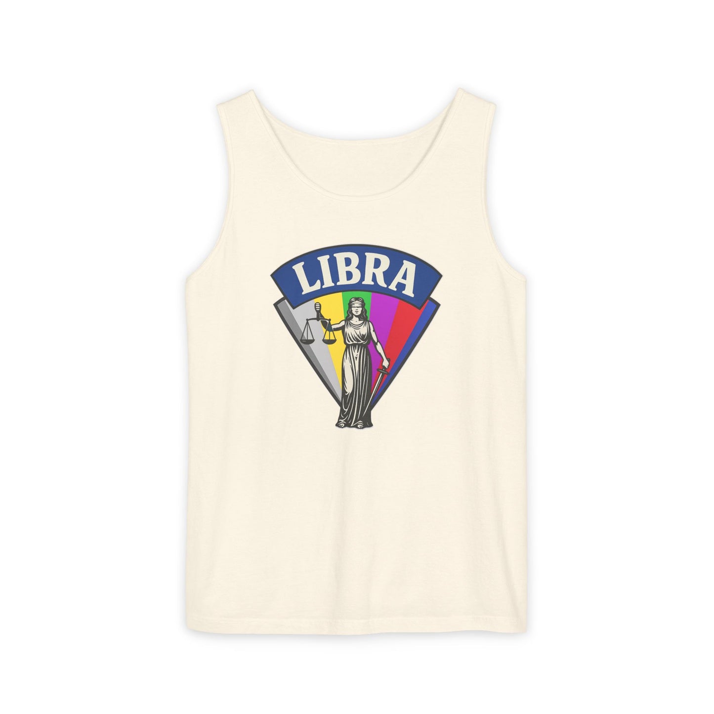 Beige tank top with Libra zodiac design on a white background