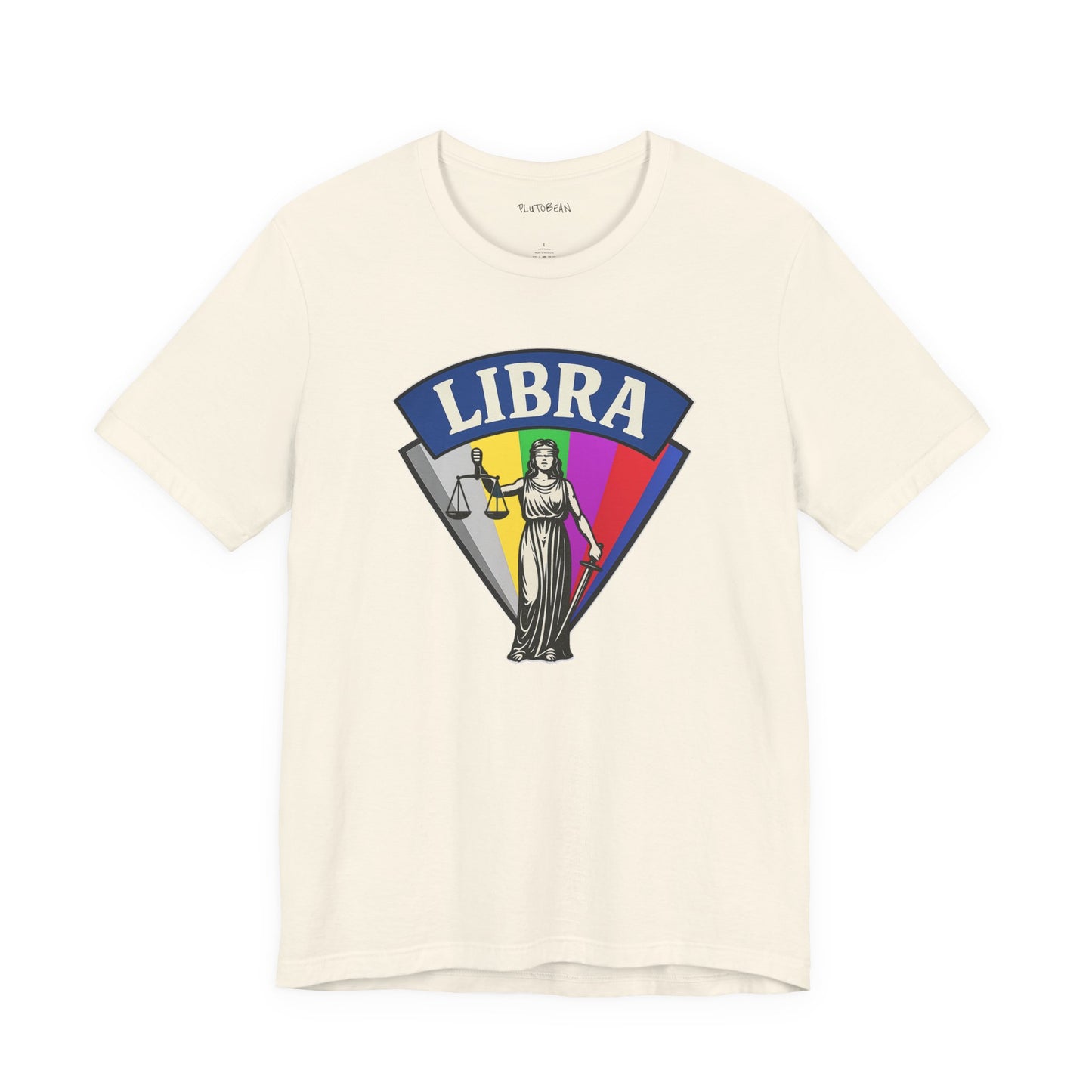 Beige t-shirt with Libra zodiac design on a white background