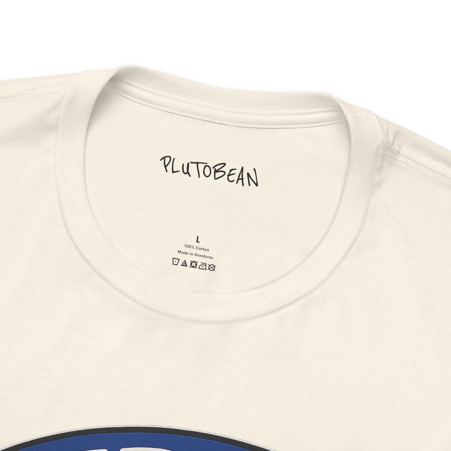 Close-up of a white t-shirt with 'PLUTOBEAN' branding on the neckline.