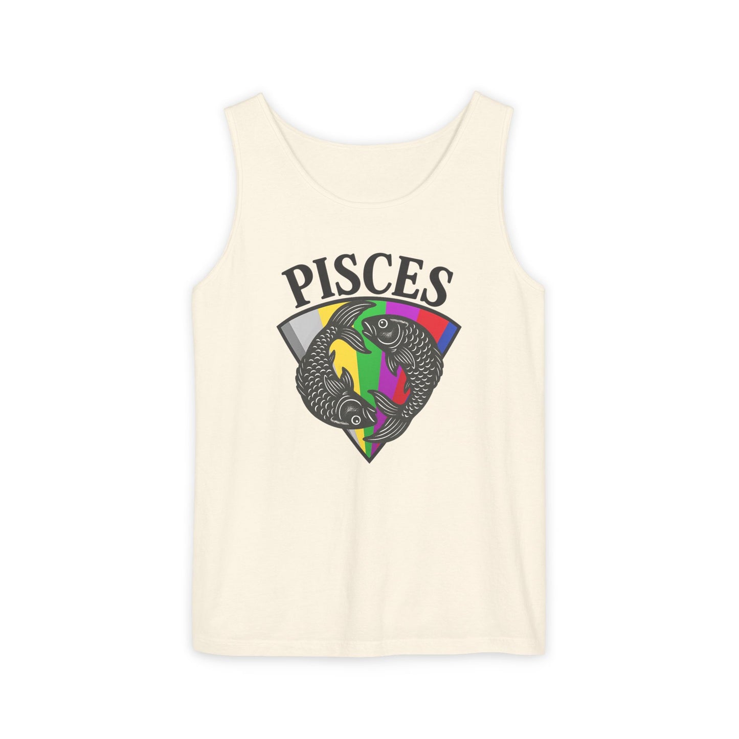 Beige tank top with Pisces zodiac sign design on a white background