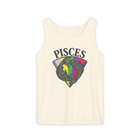 Beige tank top with Pisces zodiac sign design on a white background