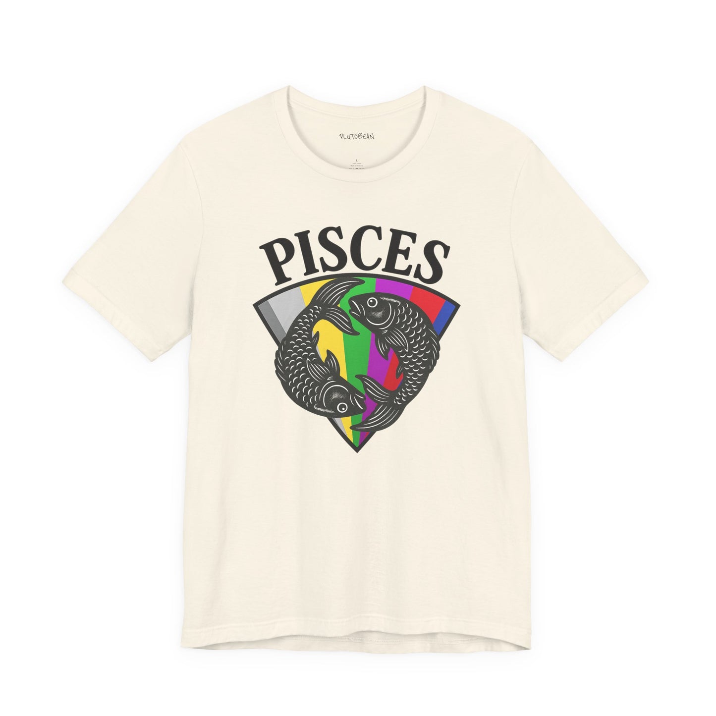 Beige t-shirt with Pisces zodiac sign design on a white background