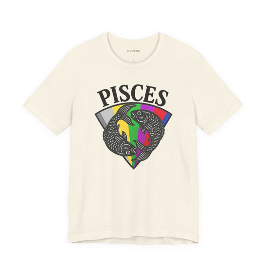 Beige t-shirt with Pisces zodiac sign design on a white background