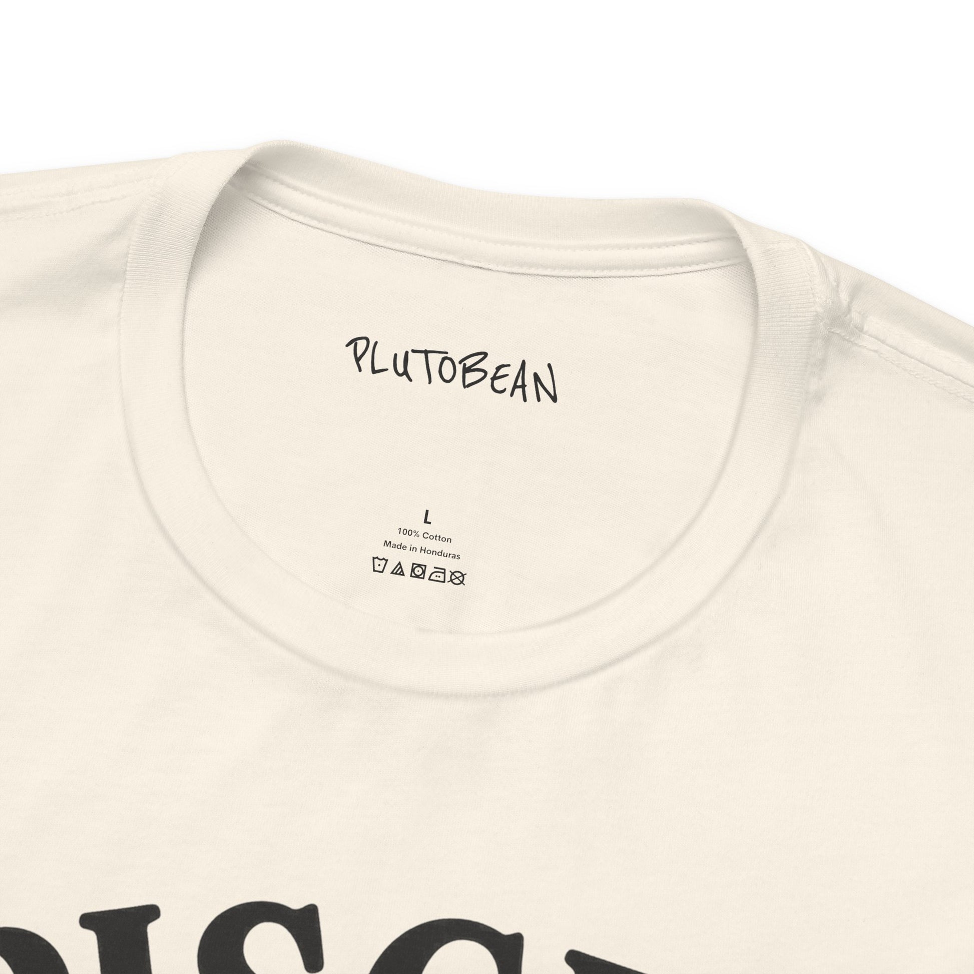 Close-up of a beige t-shirt with 'PLUTOBEAN' branding on the collar.