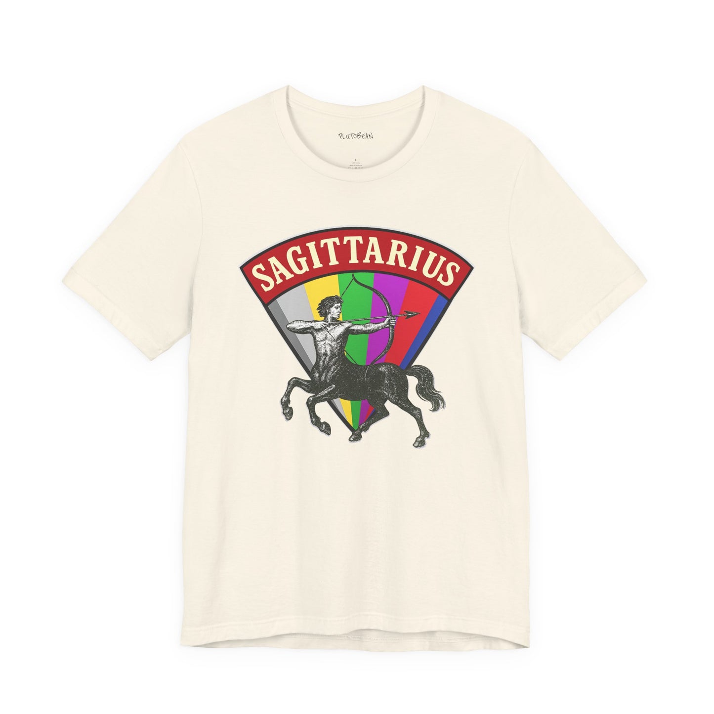 Beige t-shirt with Sagittarius zodiac sign design featuring a rainbow-colored wheel on a white background.