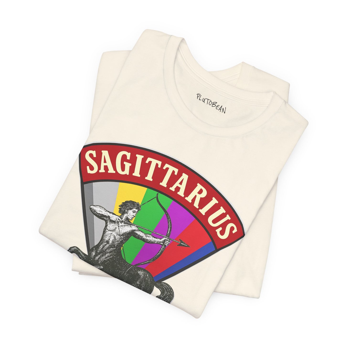 Folded t-shirt with Sagittarius zodiac design on a white background