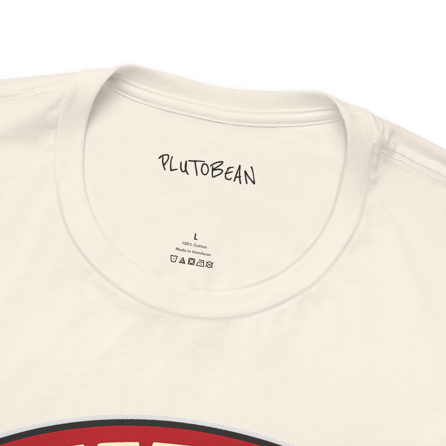 Close-up of a white t-shirt with 'PLUTOBEAN' branding on the neckline.