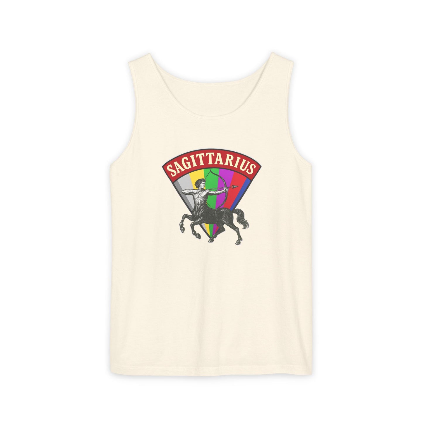 Beige tank top with Sagittarius zodiac sign graphic on a white background
