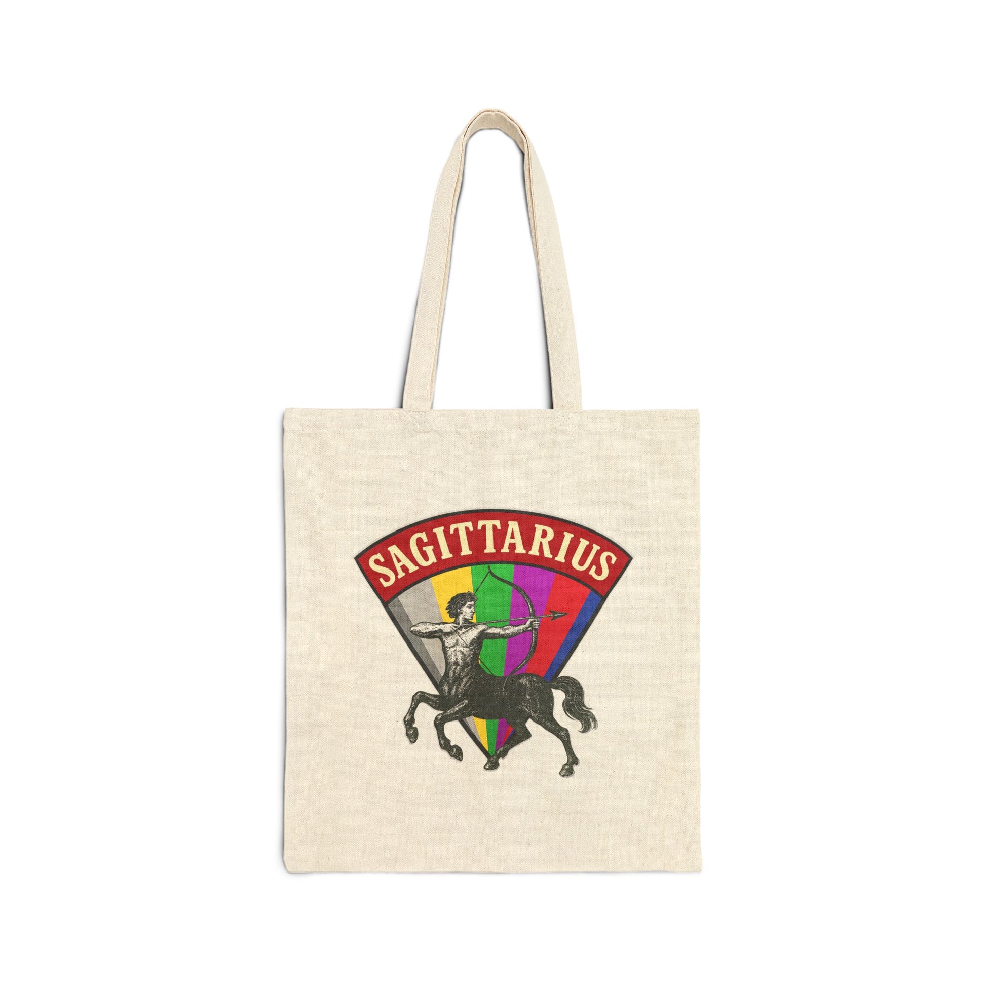 Tote bag with Sagittarius design featuring a rainbow-colored shield on a white background