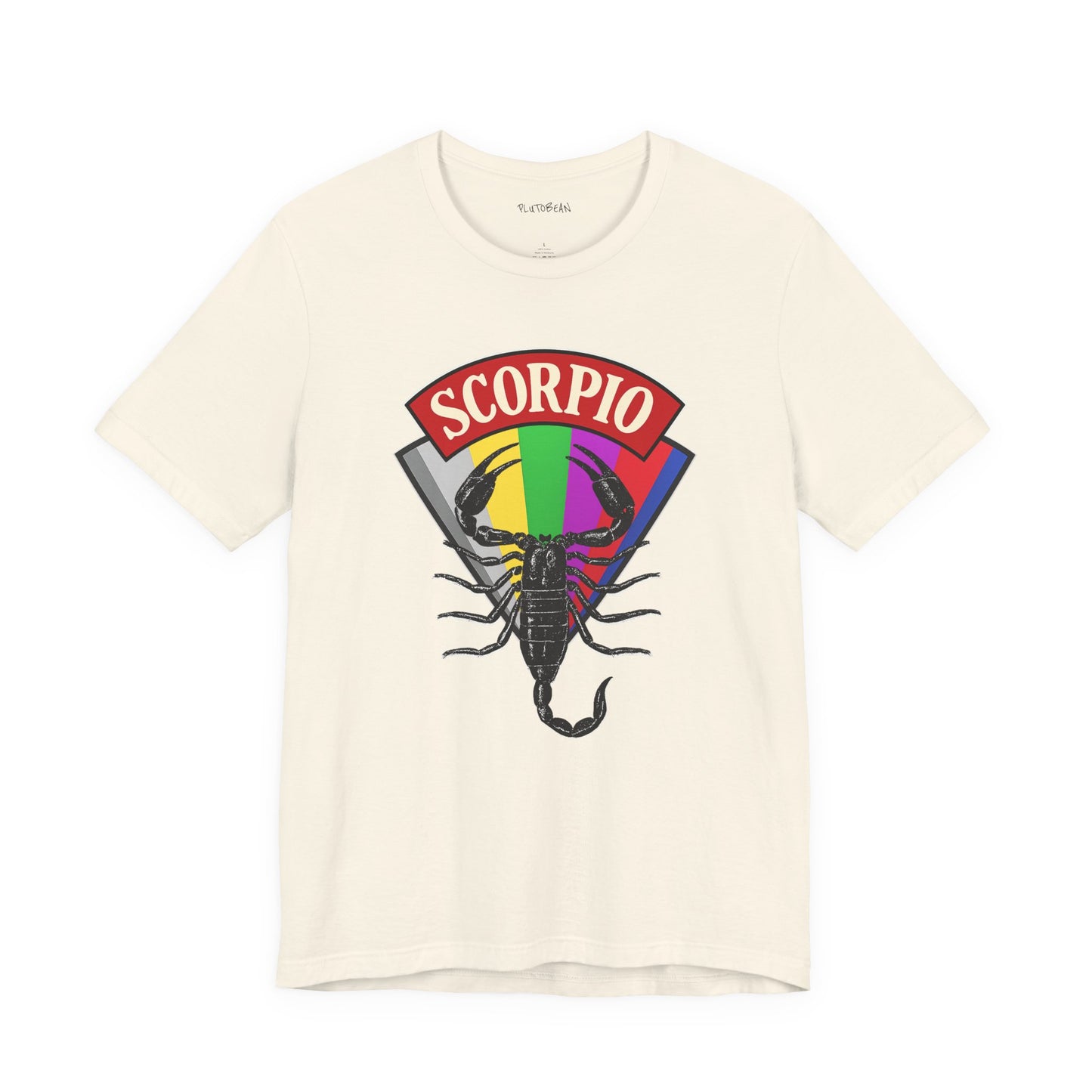 Beige t-shirt with Scorpio zodiac sign graphic on a white background