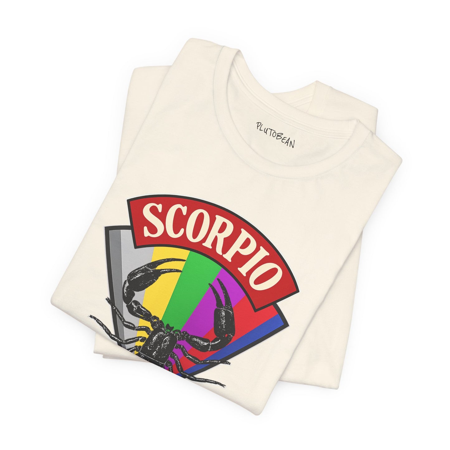 Folded t-shirt with Scorpio zodiac design on a white background