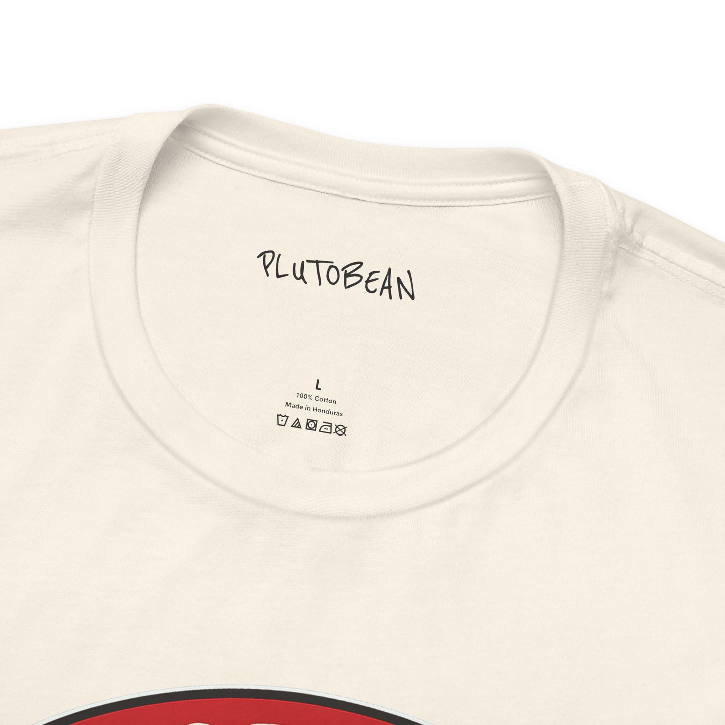 Close-up of a white t-shirt with 'PLUTOBEAN' branding on the neckline.