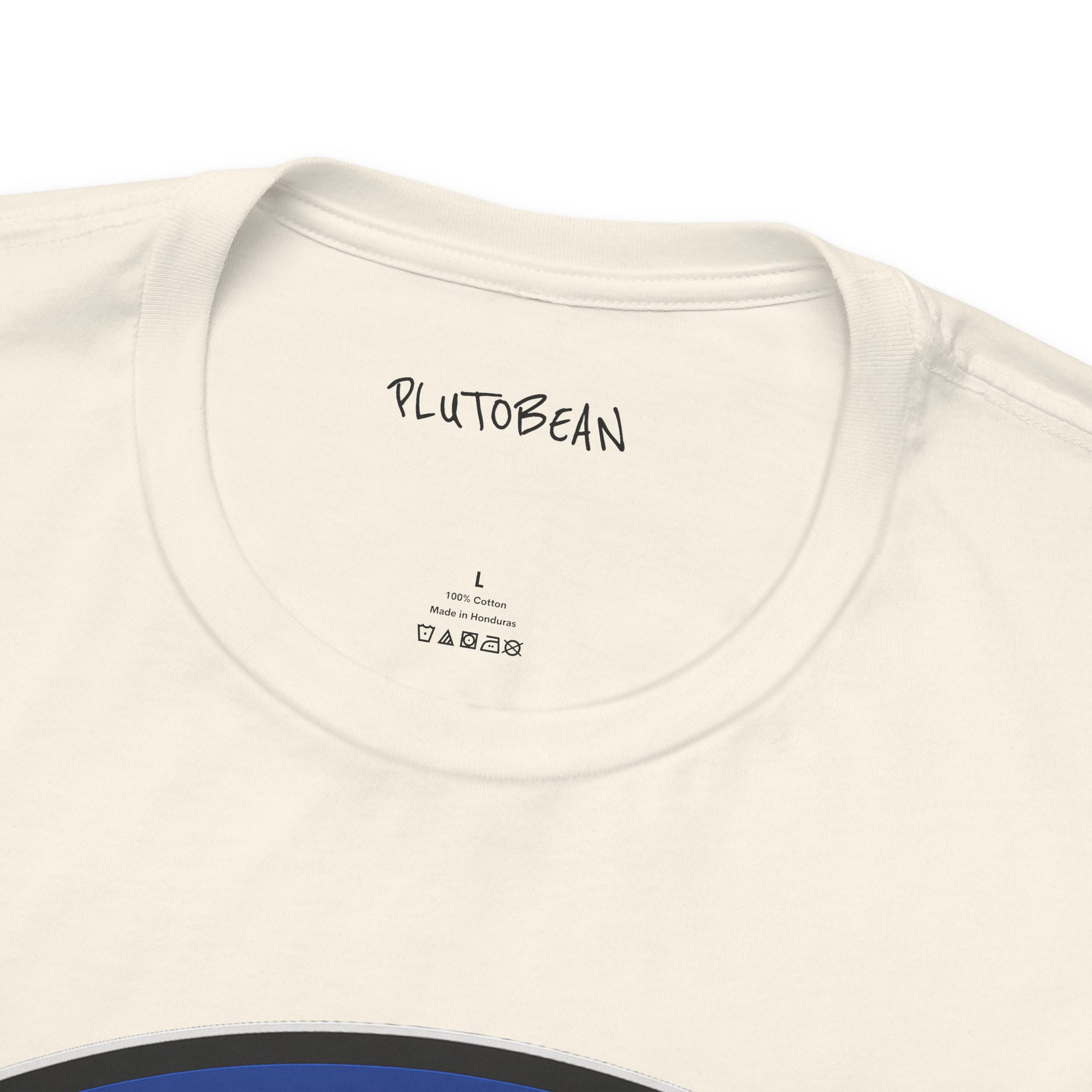 Close-up of a white t-shirt with 'PLUTOBEAN' branding on the neckline.
