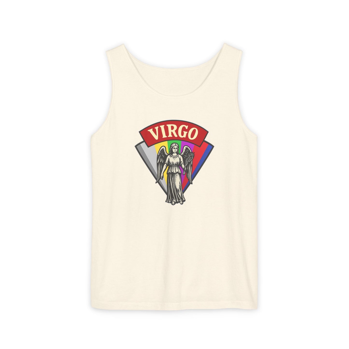 Beige tank top with 'Virgo' design featuring a rainbow-colored zodiac sign on a white background