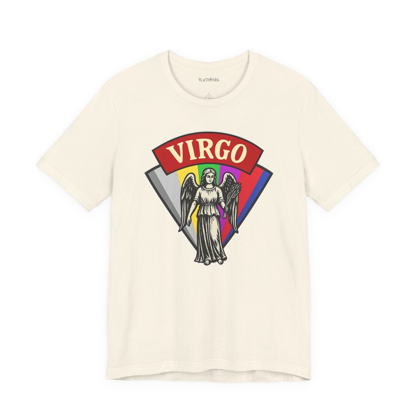 Beige t-shirt with Virgo zodiac design on a white background