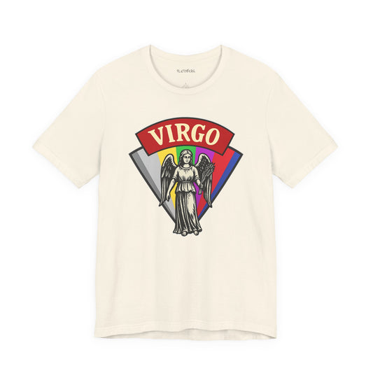 Beige t-shirt with Virgo zodiac design on a white background