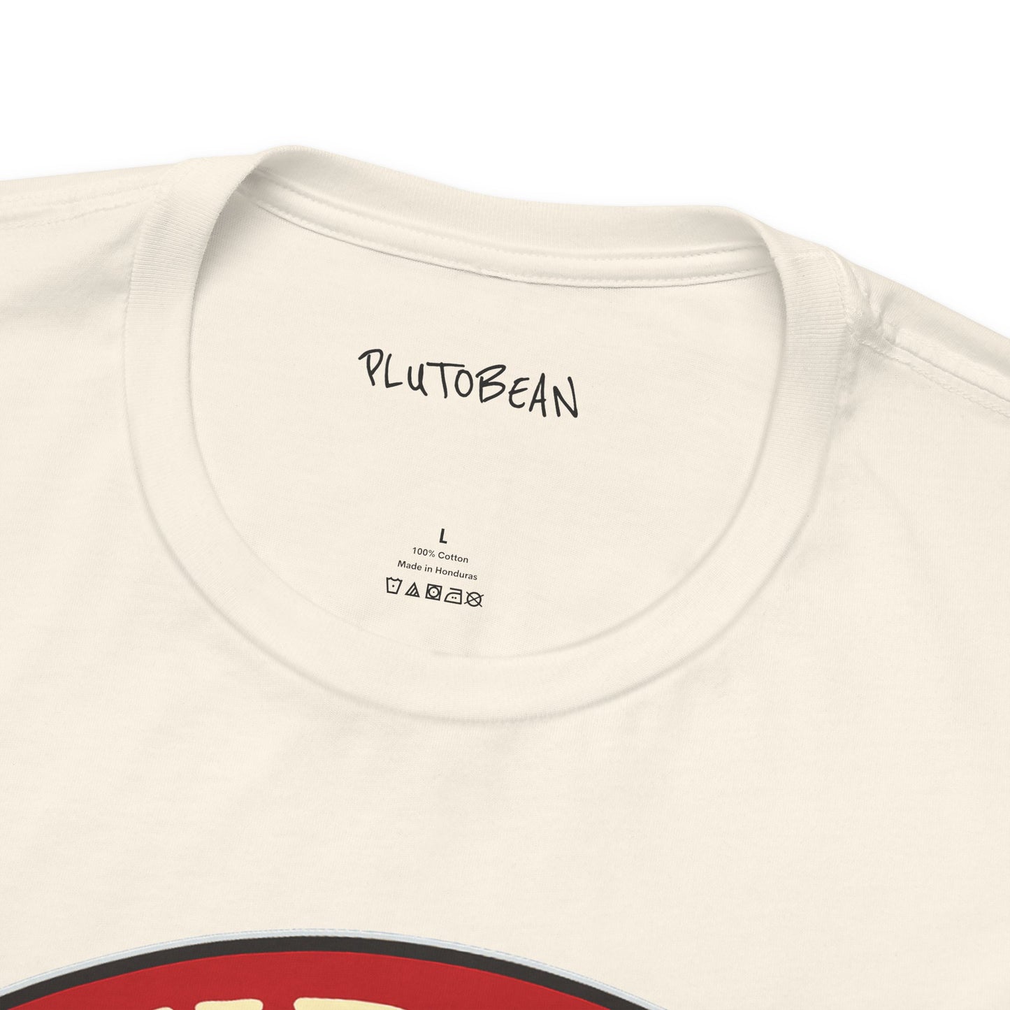 Close-up of a white t-shirt with 'PLUTOBEAN' branding on the neckline.