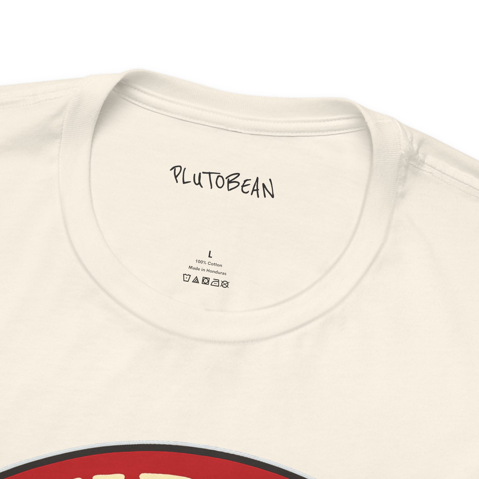 Close-up of a white t-shirt with 'PLUTOBEAN' branding on the neckline.
