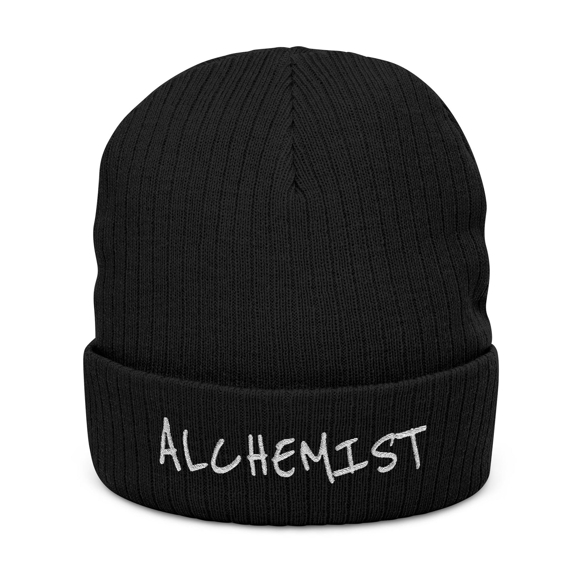Black beanie with 'ALCHEMIST' embroidered on a white background