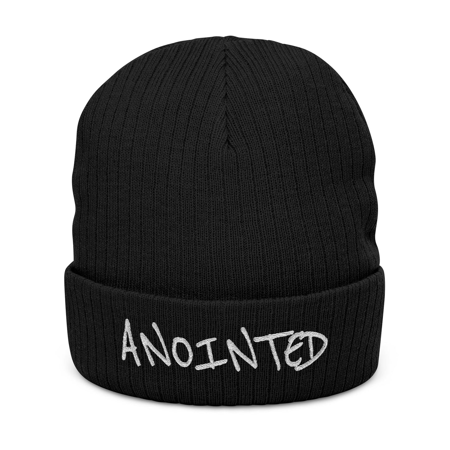 Black beanie with 'ANOINTED' embroidered on it against a white background
