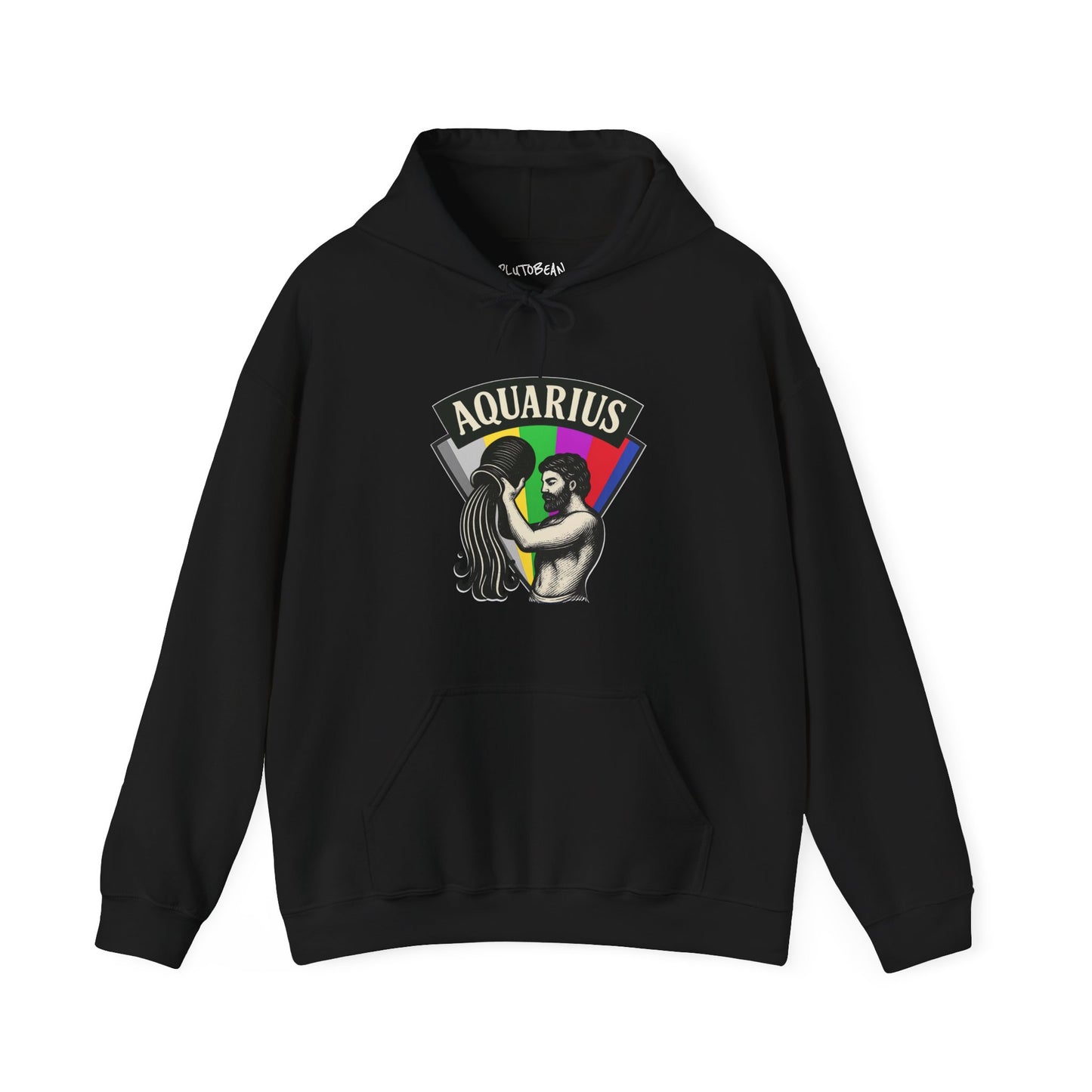 Black hoodie with Aquarius design on a white background