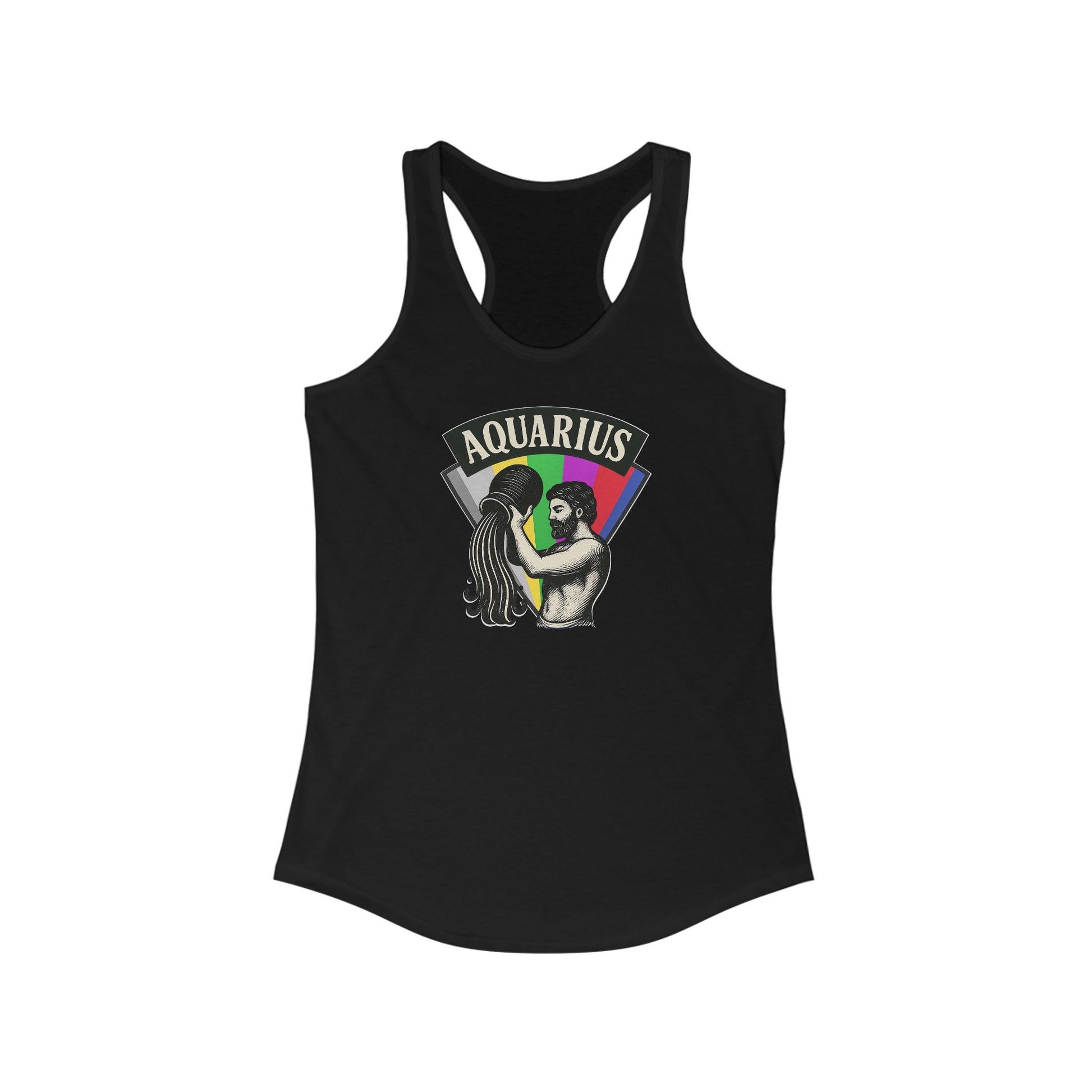 Black tank top with Aquarius design on a white background