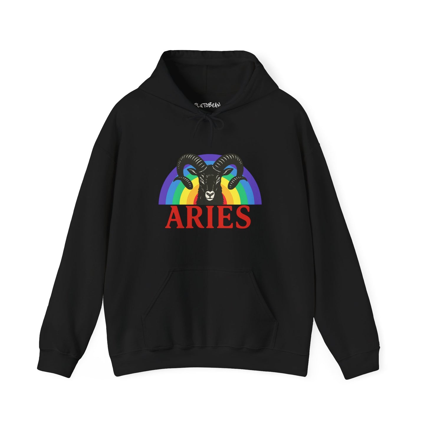Black hoodie with Aries zodiac sign design on a white background