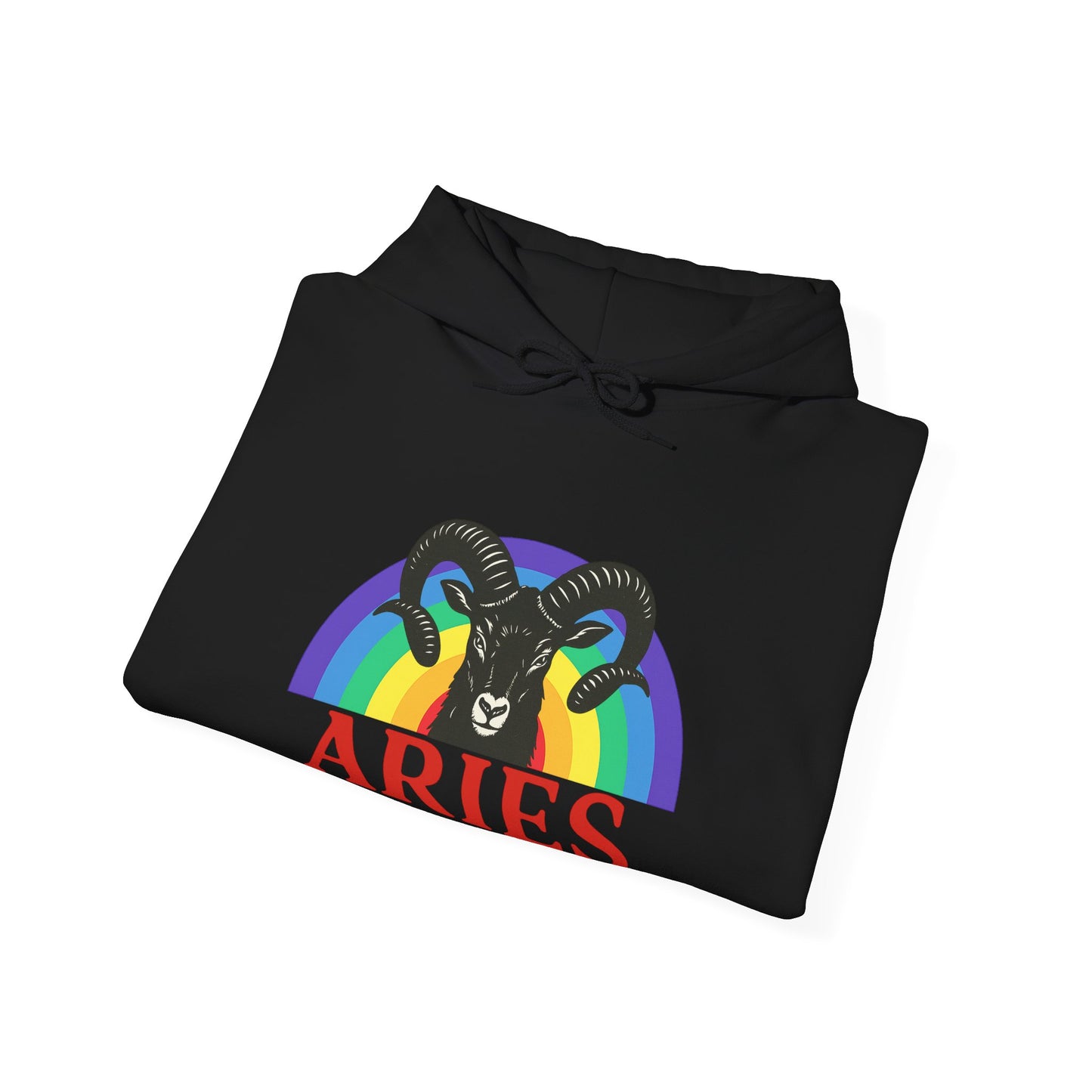 Black hoodie with Aries zodiac sign design featuring a rainbow on a white background
