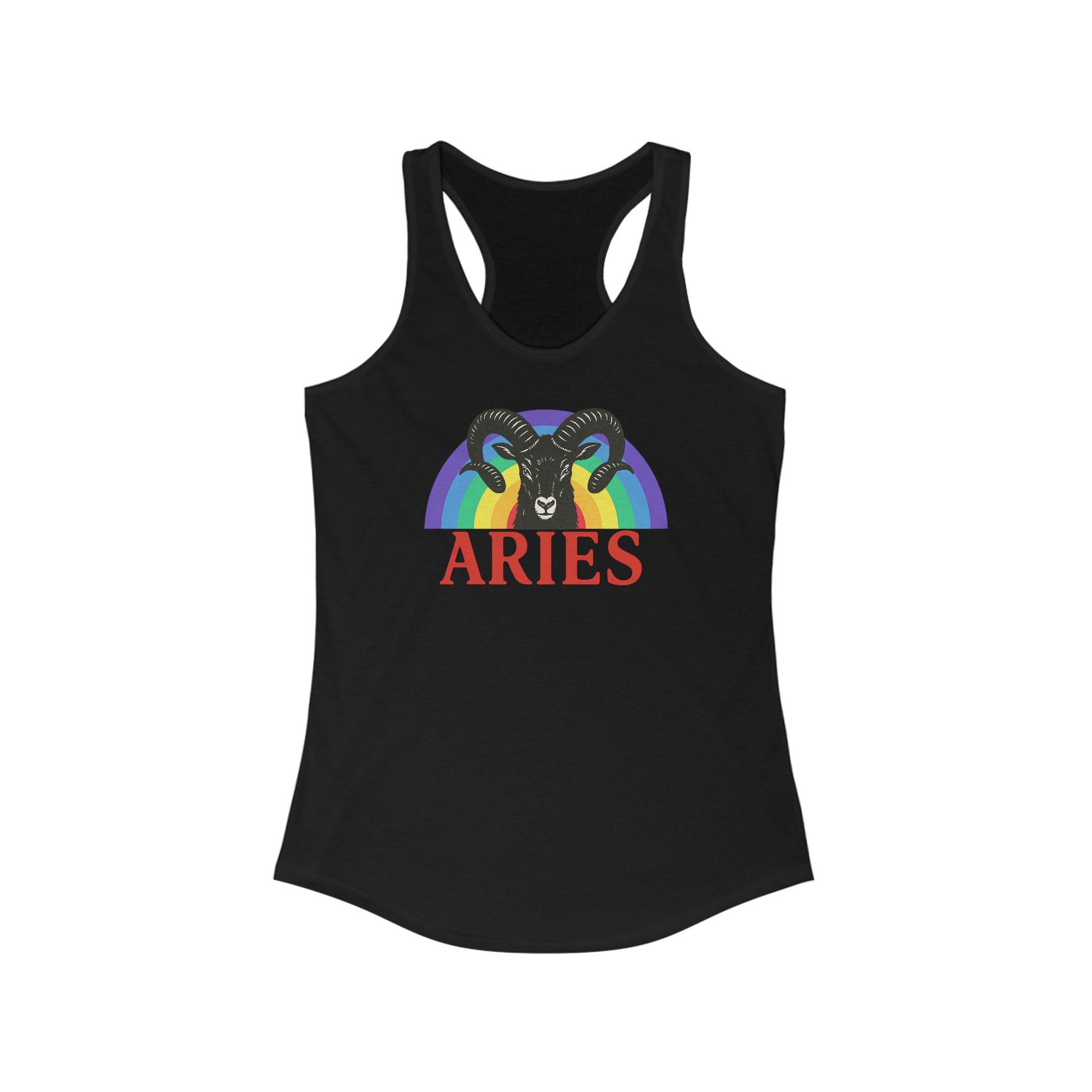 Black tank top with Aries zodiac sign graphic on a white background