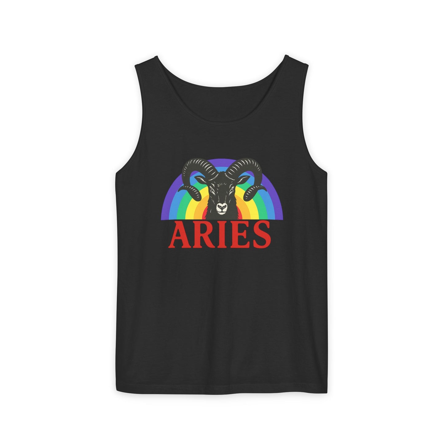 Black tank top with Aries zodiac sign design on a white background