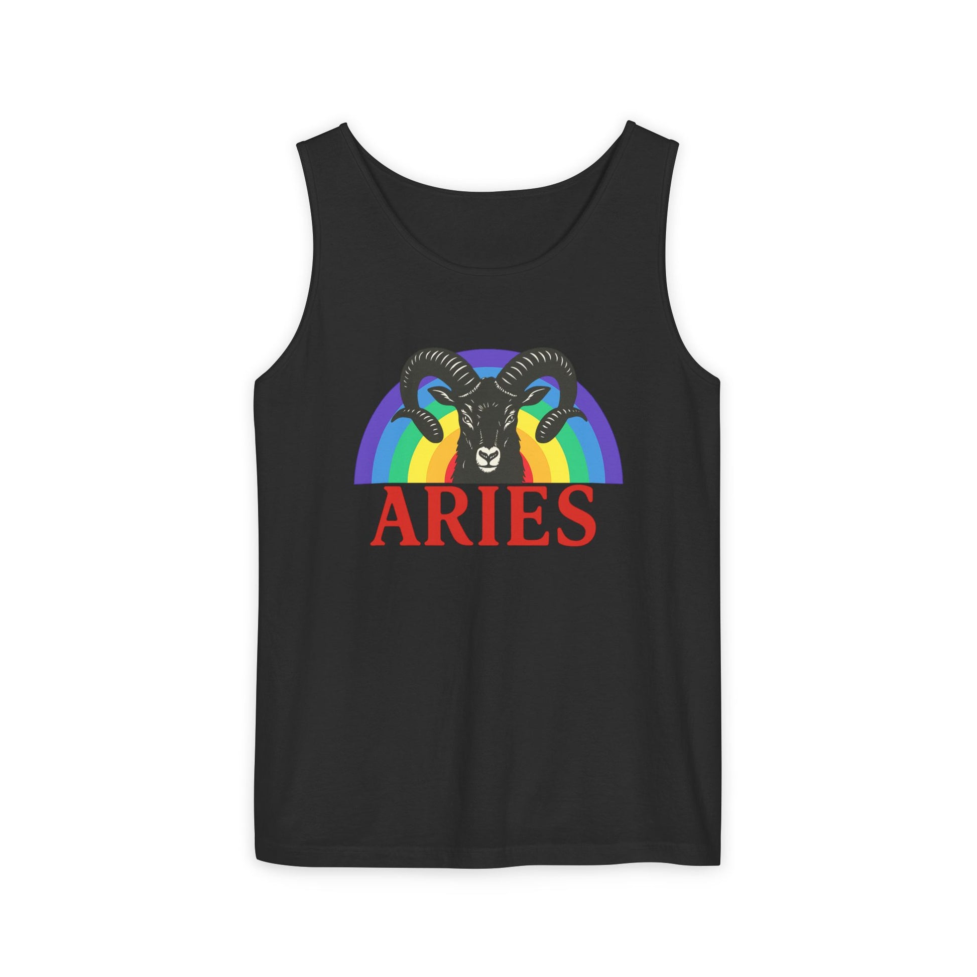 Black tank top with Aries zodiac sign design on a white background