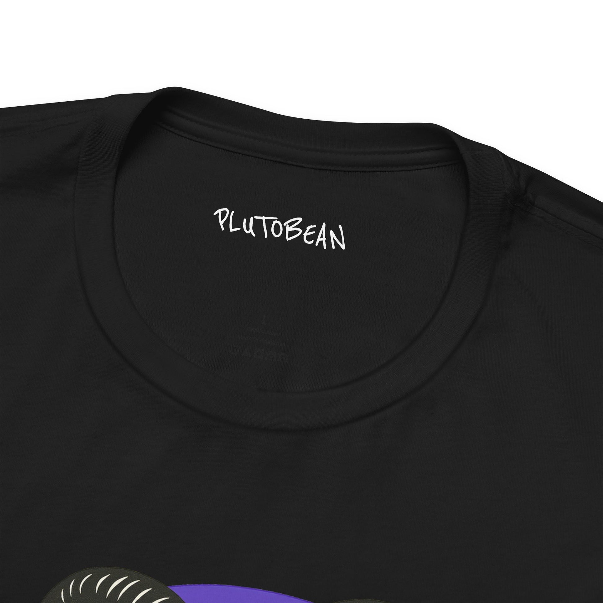 Black t-shirt with 'PLUTOBEAN' logo on a white background
