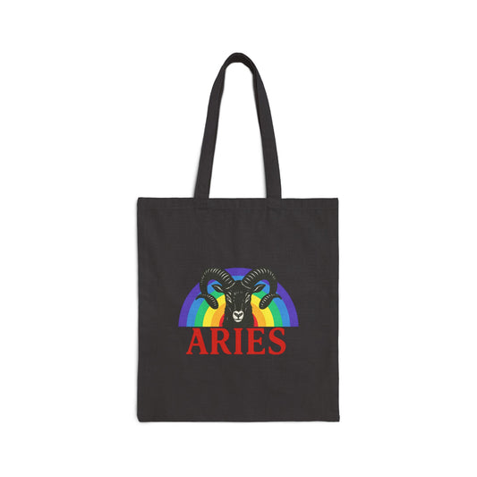 Black tote bag with Aries zodiac sign design featuring a rainbow and red text on a white background