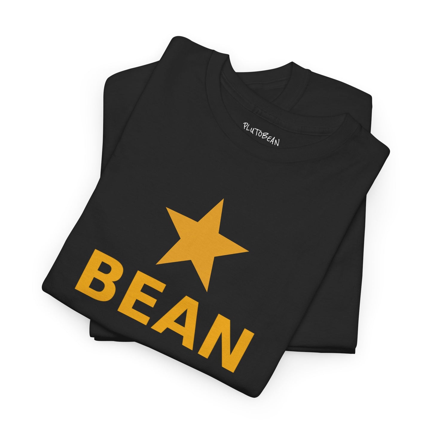 Black t-shirt with yellow star and 'BEAN' text on a white background