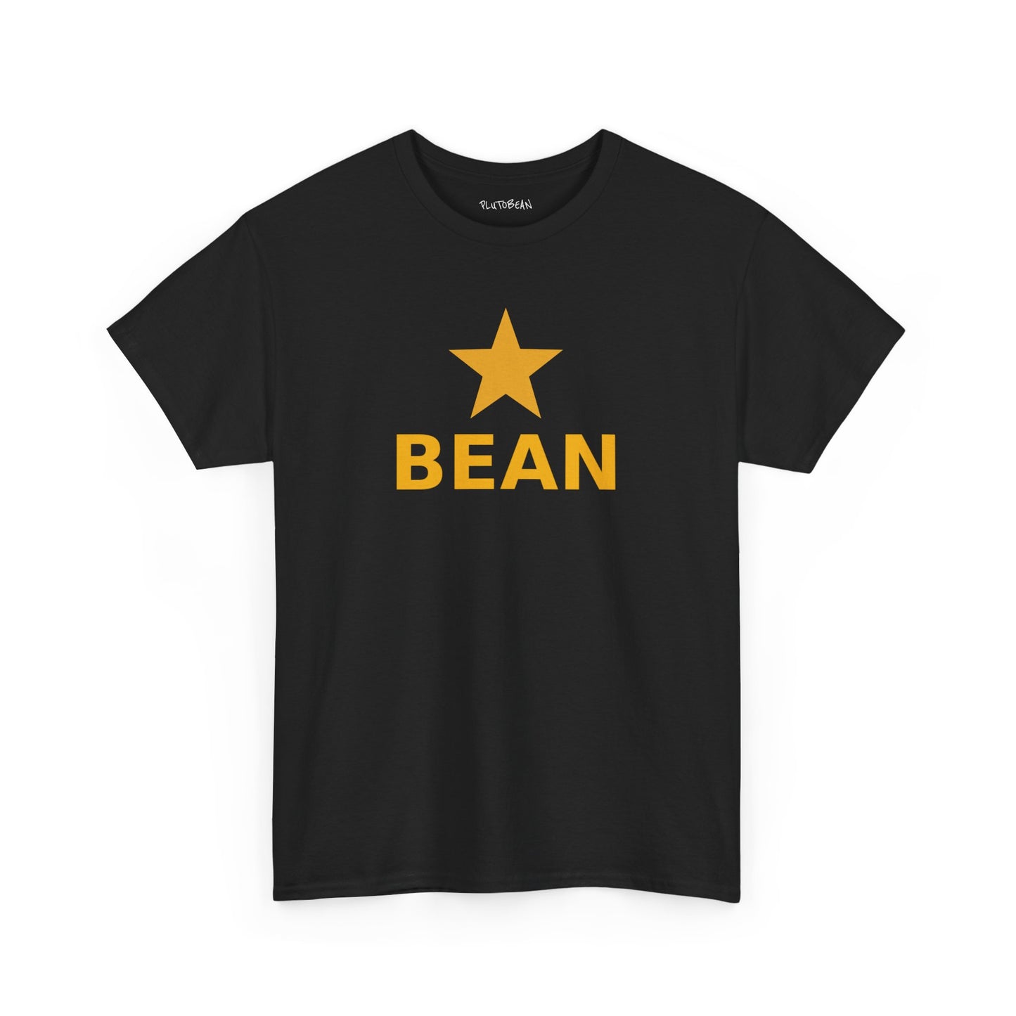 Black t-shirt with a yellow star and 'BEAN' text on a white background