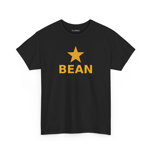 Black t-shirt with a yellow star and 'BEAN' text on a white background