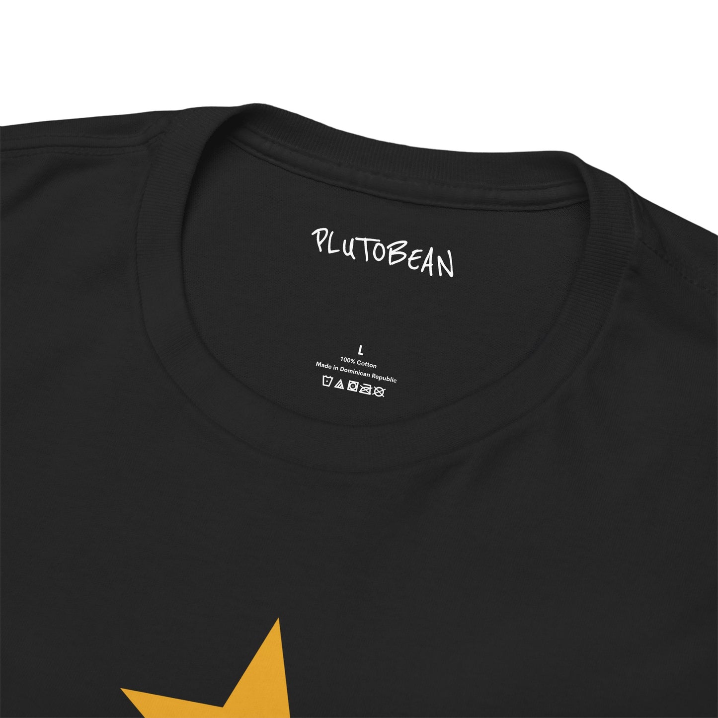 Black t-shirt with a yellow logo and 'PLUTOBEAN' branding on a white background